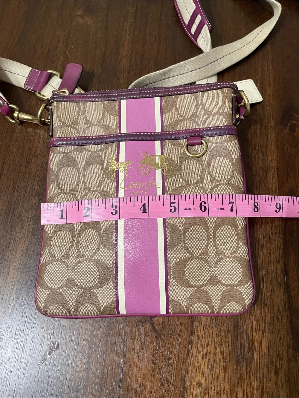 Coach Tan Signature Crossbody with Pink Stripe